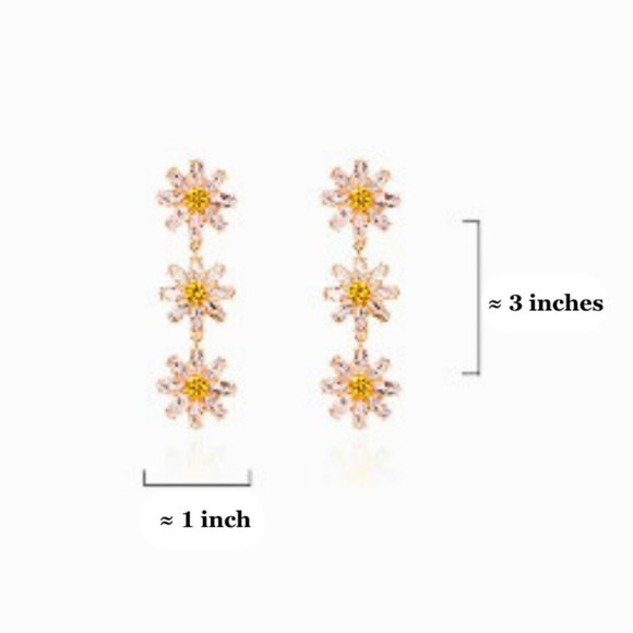 NWT Crystal Dangle Earrings Daisy Flowers Rhinestone Yellow Gold Daisies Drop - Picture 5 of 8